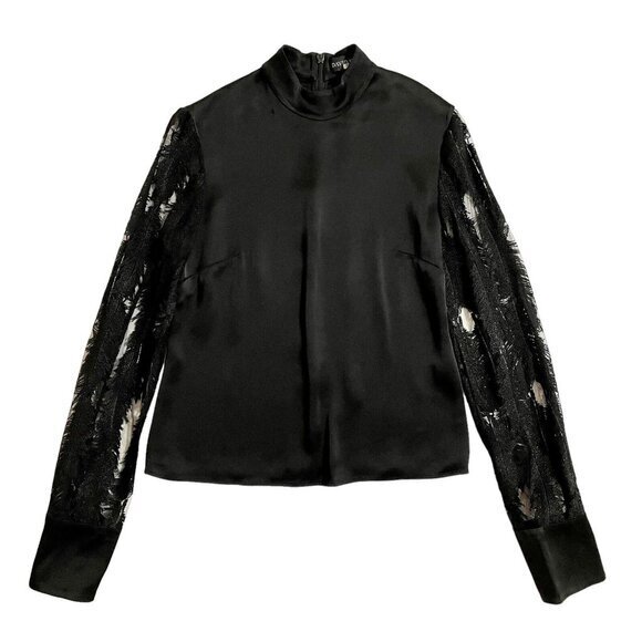 David Koma Black Feather Macrame Sleeves Satin Mock Neck Blouse SZ 8